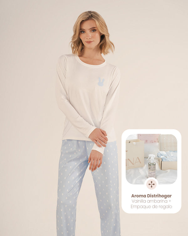 Conjunto Pantalón M-Larga Azul 23146 + Agua de Linos Distrihogar + Empaque de Regalo