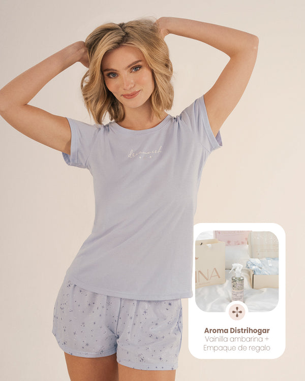 Pijama Mujer de Short Azul 21118 + Agua de Linos Distrihogar + Empaque de Regalo