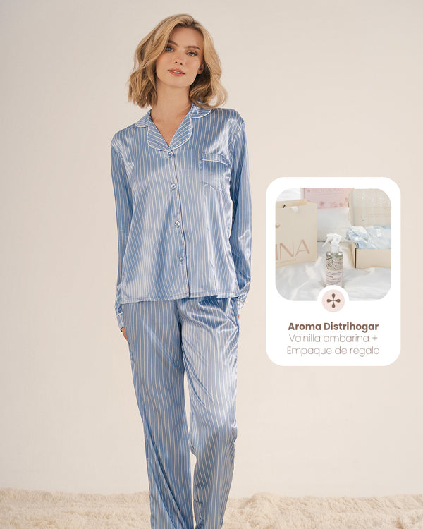 Pijama Mujer en Satín Azul 23101 + Agua de Linos Distrihogar + Empaque de Regalo