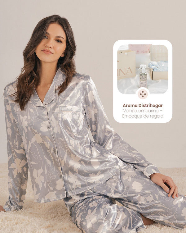 Pijama Mujer en Satín Gris 23105 + Agua de Linos Distrihogar + Empaque de Regalo