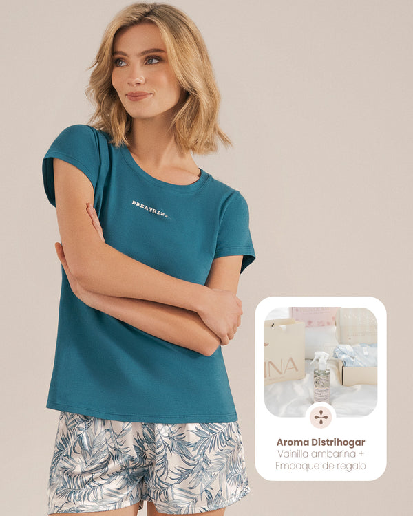 Pijama Mujer en Satín Verde 21122 + Agua de Linos Distrihogar + Empaque de Regalo