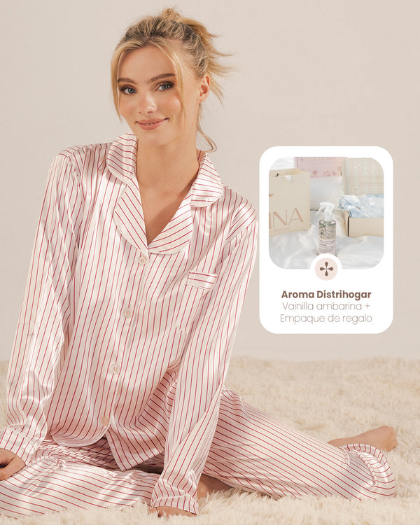 Pijama Mujer en Satín Azul 23101 + Agua de Linos Distrihogar + Empaque de Regalo